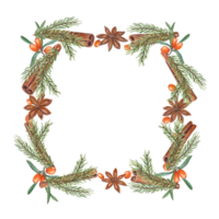 aquarelle Cadre de Noël arbre bifurquer, cannelles, étoile anis, mer nerprun. Noël illustration de vert arbre, Orange baies, marron épices pour salutations, cartes, pimenter magasin. png