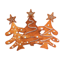 uppsättning av vattenfärg jul pepparkaka granar dekorerad med vit glasyr. traditionell bakverk för jul och ny år kort, hälsningar, mallar png