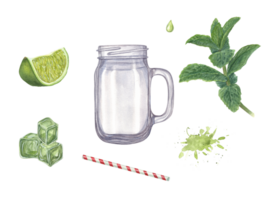 Set of watercolor ingredients for refreshing mojito. Food illustration of Lime slice, Mint, Ice cubes, drinking Straw, glass Jar, tonic Drops. png