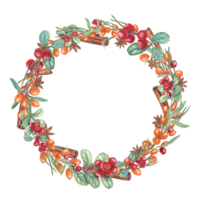 Watercolor wreath of sea buckthorn, star anise, cowberry, pine needles. Illustration for postcard design, invitation template, birthday, Christmas and New Year cards png