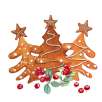 Set of watercolor Christmas gingerbread spruces decorated with white icing and red cowberries. Traditional pastries for Christmas and New Year cards, greetings, templates png
