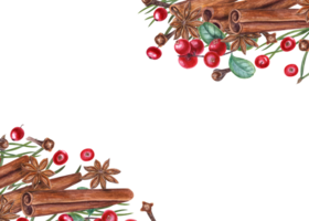 vattenfärg ram av tranbär, stjärna anis, kanel, tall nålar, kryddnejlika. illustration av röd bär, grön löv och brun kryddor för jul och ny år dekoration png