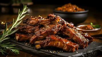 Succulent and tender Lamb ribs marinated in a savory blend of spices, AI Generated photo