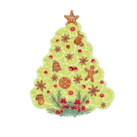 Lime circles, Star Anise, Christmas Cookies and Lingonberries folded in the shape of Christmas tree. Watercolor illustration for Christmas and New year cards design png