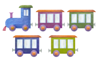 Kid wooden train. Blue train with colored wagons, carriages. Child Toys. Watercolor illustration for print, poster, wallpaper, wrapping, nursery room decor. png