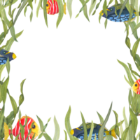 vattenfärg kort för barns födelsedagar med färgad fiskar, alger. söt tecknad serie fisk, kelp, tång. hand målad illustration för hälsning kort, affisch, vykort, inbjudan png