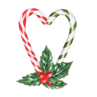 Two Christmas candy canes in the shape of heart and decorated with holly and berries. Watercolor illustration for Christmas decoration, Xmas cards, New Year greetings png