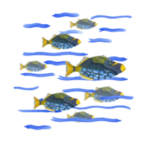 Watercolor illustration of colored cartoon fishes. For print, poster, banner, souvenirs, decor, wallpaper, fabric, textile, wrapping. png