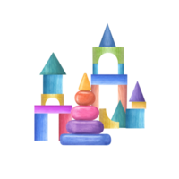 Castle built from wooden children blocks. Pyramid, cube, cone, ball, bricks. Child Toys. Games with kids. Watercolor illustration for print, poster, wallpaper, wrapping, png