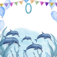 acuarela marina tarjeta para para niños cumpleaños con nadando delfines, globos, algas. mano pintado ilustración para saludo tarjeta, póster, tarjeta postal, invitación png