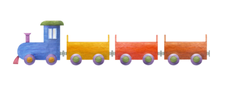 Kid wooden train. Bluetrain with colored freight cars wagons, carriages. Child Toys. Watercolor illustration for print, poster, wallpaper, wrapping, nursery room decor. png