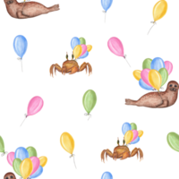aguarela fofa desatado padronizar do desenho animado caranguejos, selos com balões. aquático ilustração para crianças quarto decoração, crianças imprimir, poster, papel de parede, invólucro png
