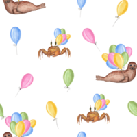 aquarelle mignonne sans couture modèle de dessin animé Crabes, scellés avec des ballons. aquatique illustration pour des gamins pièce décor, des gamins imprimer, affiche, fond d'écran, emballage png