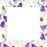 bloeiend klokje, wild haver, vliegend vlinders. bloemen plein kader. waterverf illustratie voor groet, uitnodiging sjabloon, viering kaarten. ruimte voor tekst png