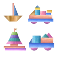 conjunto de niño de madera transporte construido desde niños de madera ladrillos barcos, carros, velero. pirámide, cubo, cono, pelota. niño juguetes juegos con niños. acuarela ilustración para imprimir, póster png