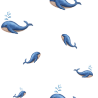 simning blå valar. sömlös mönster. sperma val andas producerar vatten stänk. bakgrund med mjuk vattenfärg fläckar. för textil, skriva ut, omslag. tecknad serie stil. png