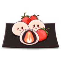 mignonne fraise lis des haricots remplissage mochi sur une noir assiette png