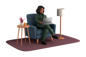 3d business woman executive pose sitting with laptop thinking about idea isolated on transparent background, 3d rendering png