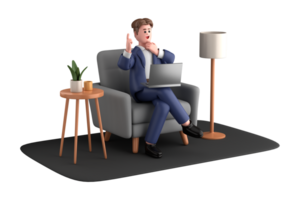 3d businessman executive pose sitting with laptop thinking about idea isolated on transparent background, 3d rendering png