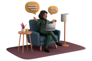 3d business woman executive pose sitting with laptop thinking about idea isolated on transparent background, 3d rendering png