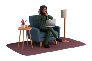 3d negocio mujer ejecutivo actitud sentado con ordenador portátil pensando acerca de idea aislado en transparente fondo, 3d representación png