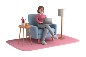 3d business woman executive pose sitting with laptop thinking about idea isolated on transparent background, 3d rendering png