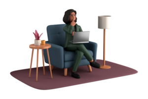 3d o negócio mulher executivo pose sentado com computador portátil pensando sobre idéia isolado em transparente fundo, 3d Renderização png