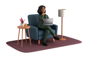 3d business woman executive pose sitting with laptop thinking about idea isolated on transparent background, 3d rendering png