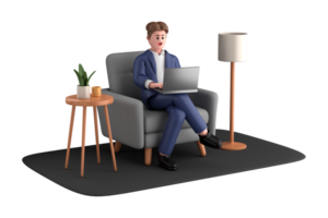 3d homme d'affaire exécutif pose séance avec portable en pensant à propos idée isolé sur transparent arrière-plan, 3d le rendu png