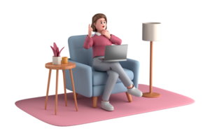 3d business woman executive pose sitting with laptop thinking about idea isolated on transparent background, 3d rendering png