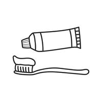 mano dibujado niños dibujo dibujos animados vector ilustración cepillo de dientes y pasta dental aislado en blanco antecedentes
