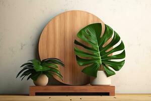 Wooden product display podium with blurred nature leaves on green background 3d rendering photo