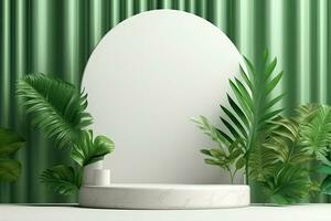 A white round podium with a plant in it and a white vase with a green plant in it photo