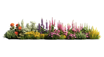 Bright spring flowers surrounded by garden plants . AI Generated png