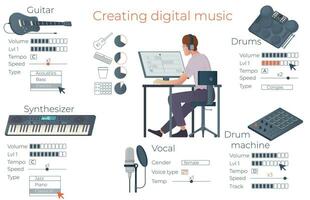 creando digital música plano infografía vector