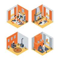 Isometric Fireplaces Compositions Set vector