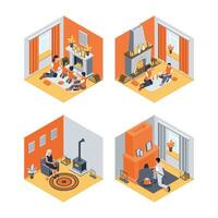 Isometric Fireplaces Compositions Set vector