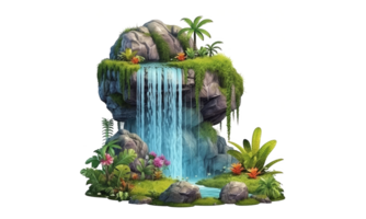 Fantasie Stil Wasserfall umgeben durch bunt Blumen . ai generiert png
