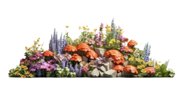 Bright spring flowers surrounded by garden plants . AI Generated png