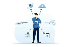 Concept of business data analysis, management tools, intelligence, corporate strategy development, data-driven decision making. flat vector illustration on white background.