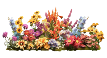 Bright spring flowers surrounded by garden plants . AI Generated png