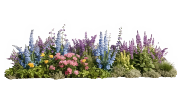 Bright spring flowers surrounded by garden plants cutout transparent backgrounds . AI Generated png