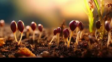 germinando semillas de vegetal en el tierra debajo nieve en invierno, ai generado foto