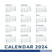 Simple calendar 2024, week start sunday template. vector