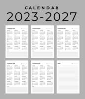 Modern monthly calendar and note for 2023, 2024, 2025, 2026, the week starts on Sunday, vector