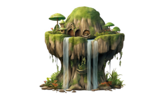 Forest with a hidden waterfall and a mossy rock . AI Generated png