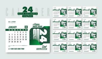 2024 modern desk calender design with green color. 2024 best corporate new calender design template. 12 month date set vector