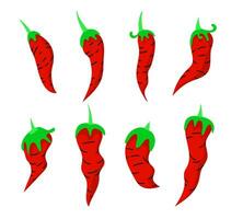 Red pepper set. Different shapes and positions. Simple design. vector