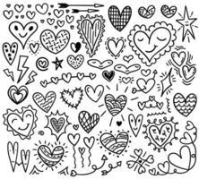 Handwritten doodle hearts. Line art and different styles. vector