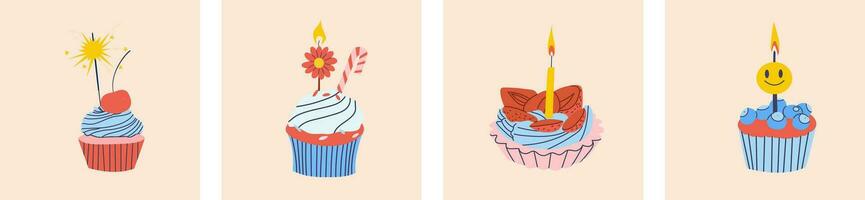 A set of cupcakes with candles. Birthday cake. For invitations, banners, flyers. vector